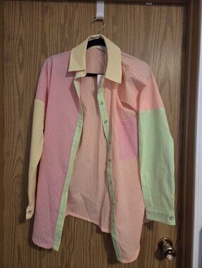 DAVI & DANI Pastel Multi-Stripe Button Down Shirt - Pink, Yellow, Green